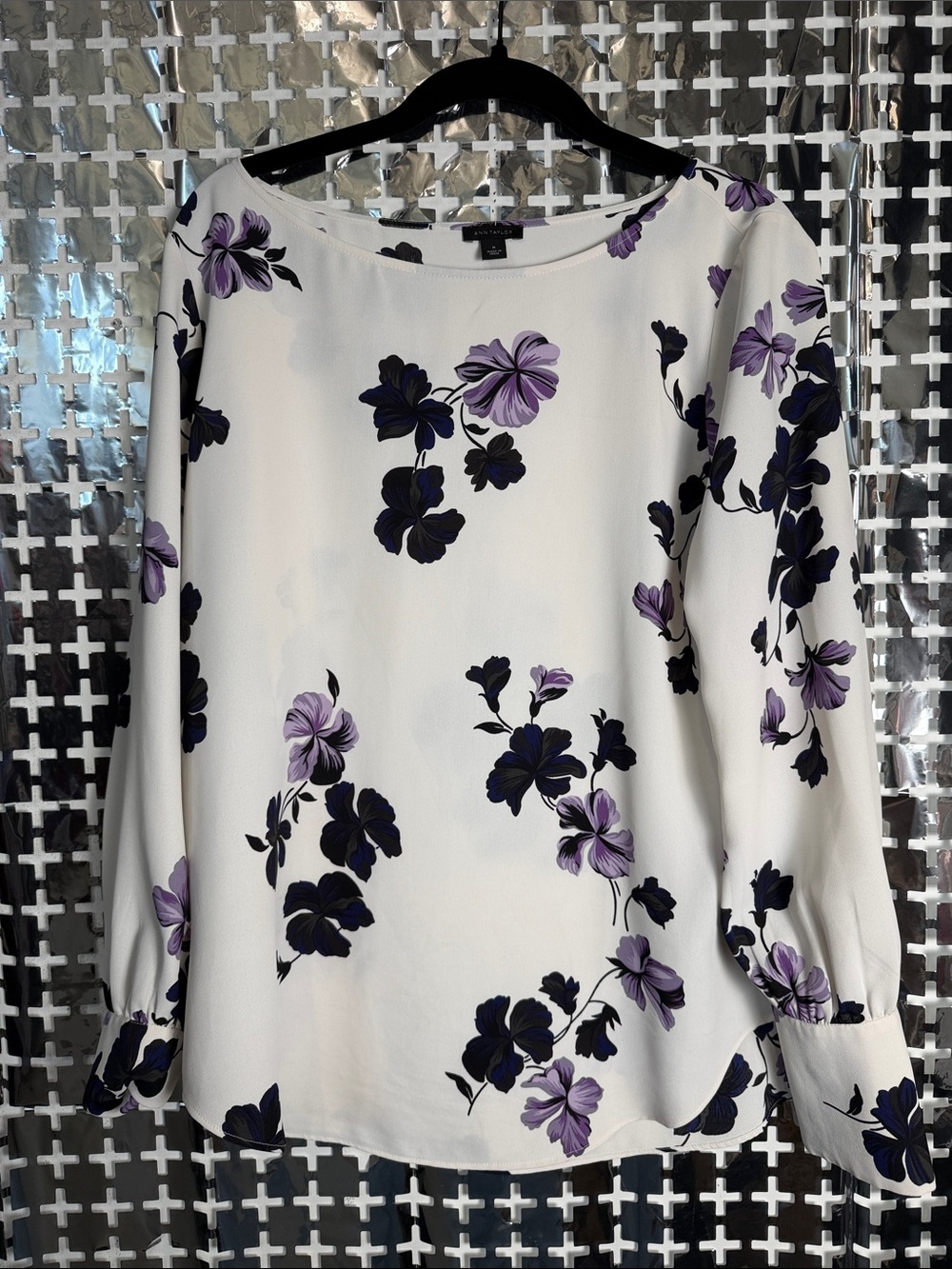 Ann Taylor White Blouse with Purple Floral Pattern